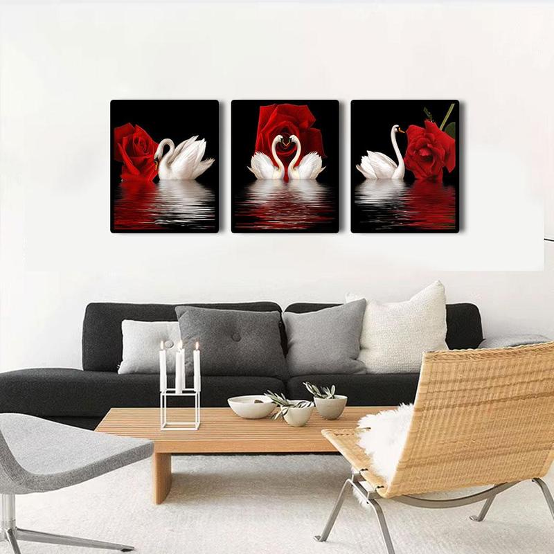 Swan & Rose Pattern Unframed Painting, 3 Counts set Modern Canvas Wall Art, Wall Decor for Home Living Room & Bedroom & Office & School