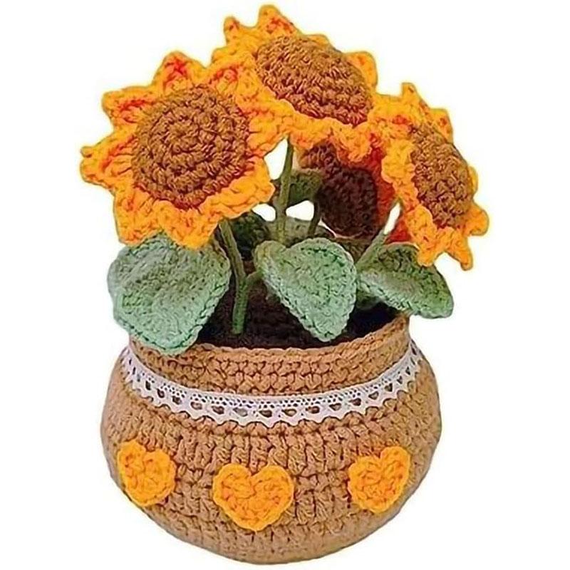 Handmade Crochet Flowers with Vase, Lovely Knitting Flower Potted Plant for Home Office Desk Shelf Decoration Decorative Fruit