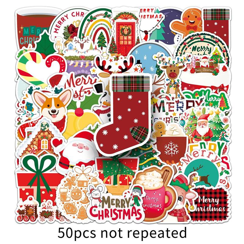 Cartoon Christmas Themed Sticker (50pcs set), Waterproof Self Adhesive DIY Sticker, Decor Sticker for Gift Greeting Card Water Bottle Laptop Phone