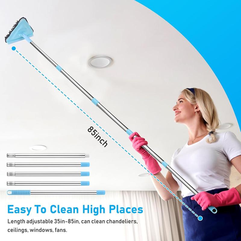 Wall Cleaner Mop with Long Handle 85 Inches Baseboard Cleaner Tool Duster with 6 Replacement Pad and 2 Tile Tub Brush, Wall Mop for Cleaning Ceiling Window Tile Tub, Blue Bathtub Household Microfiber Pet