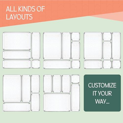 25 PCS Clear Plastic Drawer Organizers Set, 4 Sizes Clear Drawer Organizers & storage Bins for Makeup Jewelry Vanity, Kitchen Gadgets Or Office Desk. Bathroom Drawer Organizer Trays With Non-Slip Pads Boxes Containers