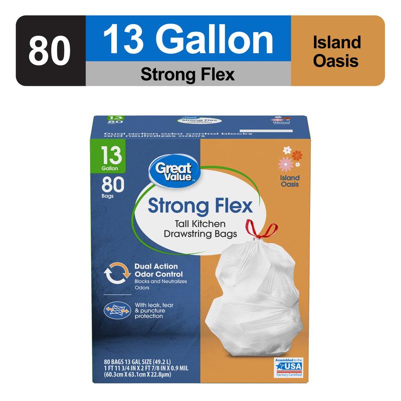 Great Value Strong Flex Tall Kitchen Drawstring Bags, Island Oasis, 13 Gallon, 80 Count