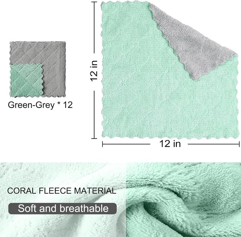 12 Pack Kitchen Cloth Dish Towels, 12x12 inch Soft Premium Dishcloths, Absorbent Microfiber Cleaning Cloth for Cleaning Dishes, Kitchen, Bathroom, Car (Green Gray) Velvet