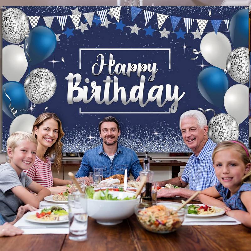 Happy Birthday Backdrop, Glitter Banner for Party Supplies, Photo Background (72.8 x 43.3 Inch, Silver & Navy Blue) Ornaments