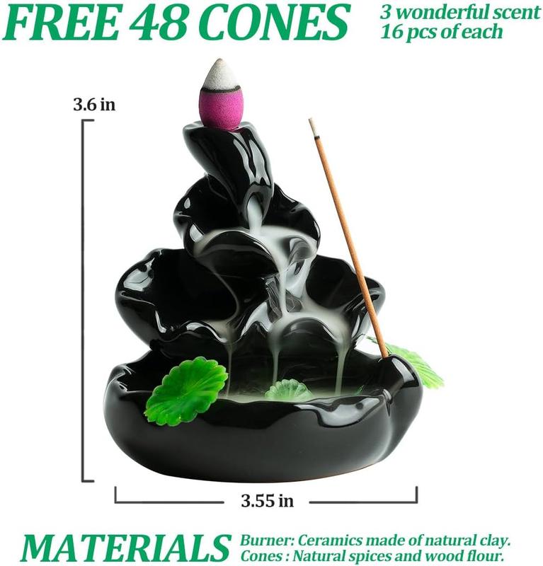 Cute Ceramic Backflow Incense Holder Waterfall Incense Burner with 48 Incense Cones and 30 Incense Stick, Incense Fountain for Home