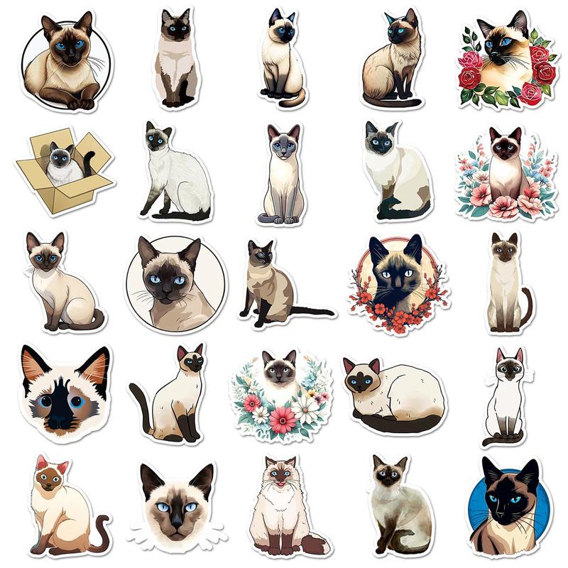 Cute Siamese Cat Pattern Sticker, 50pcs set Cartoon Sticker for DIY Scrapbooking Laptop Luggage Water Bottle Decoration, DIY Decorative Sticker