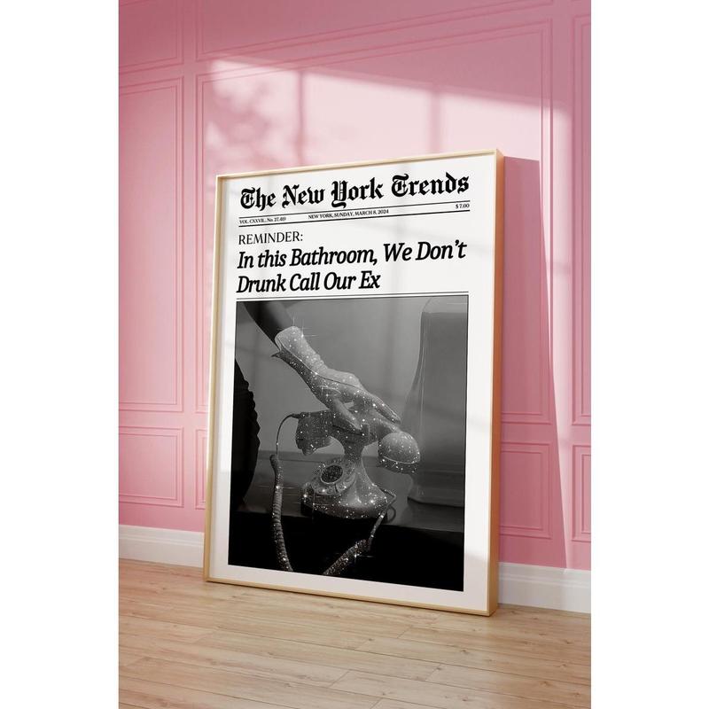 Trendy Newspaper Print, Bathroom Wall Art, New York Times Wall Art, Bathroom Decor, Vintage Bar Cart, Girl Dorm Room Retro, Printable Poster