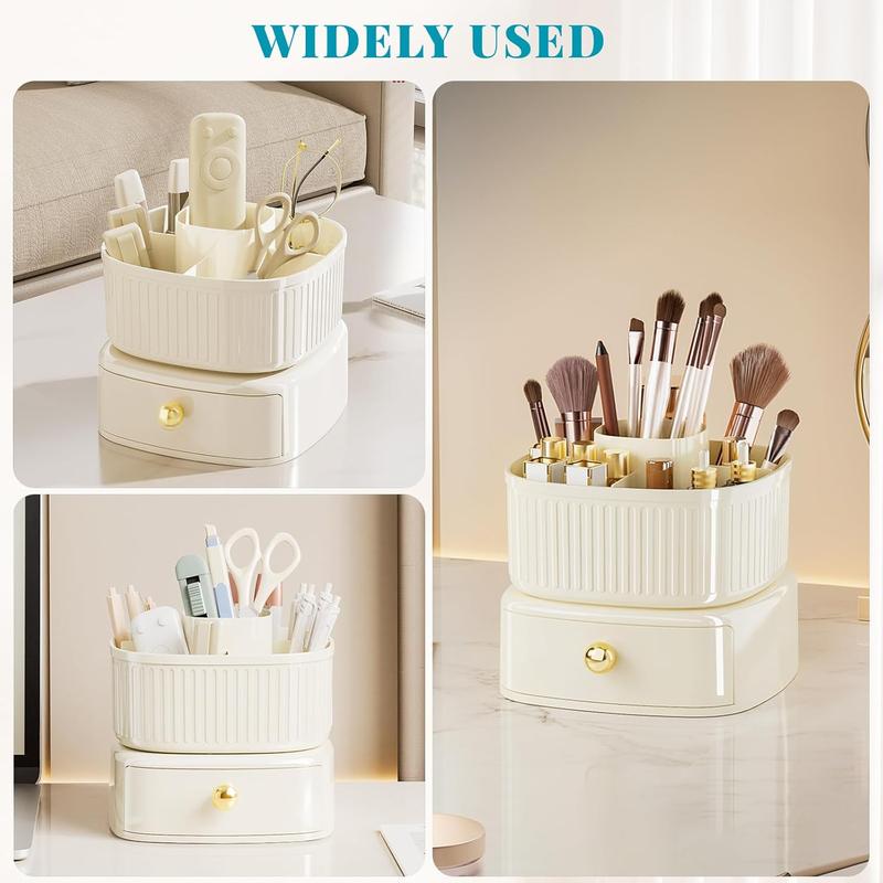 Makeup Brush Holder Organizer,360 Rotating Makeup Organizer with Drawer,5 Slot Make up Brushes Cup Organizers, For Brush, cosmetic, for Vanity, Desktop, Office - Cream