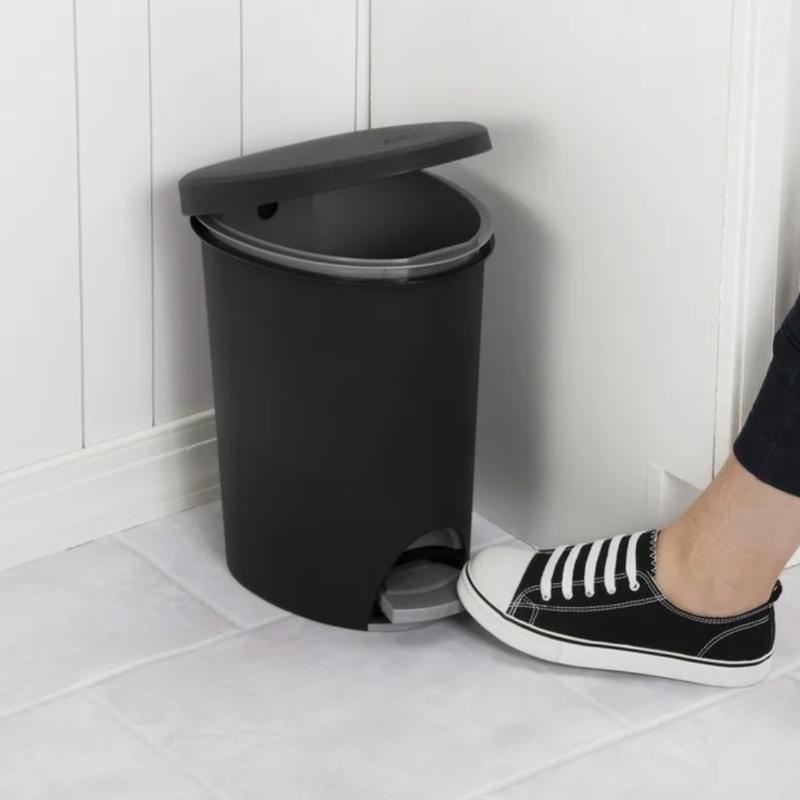 Sterilite 2.6 Gallon Ultra Step On Bathroom Trash Can, Black Plastic Smooth