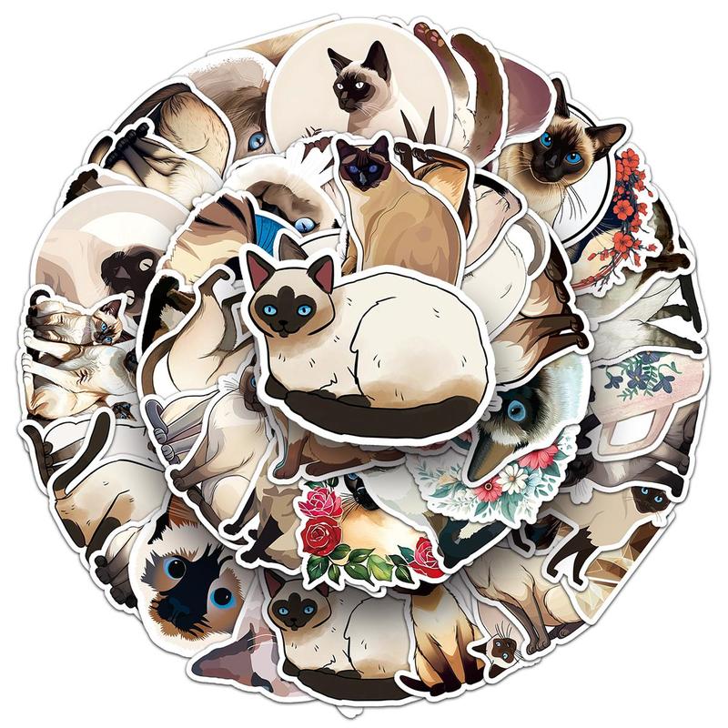 Cute Siamese Cat Pattern Sticker, 50pcs set Cartoon Sticker for DIY Scrapbooking Laptop Luggage Water Bottle Decoration, DIY Decorative Sticker