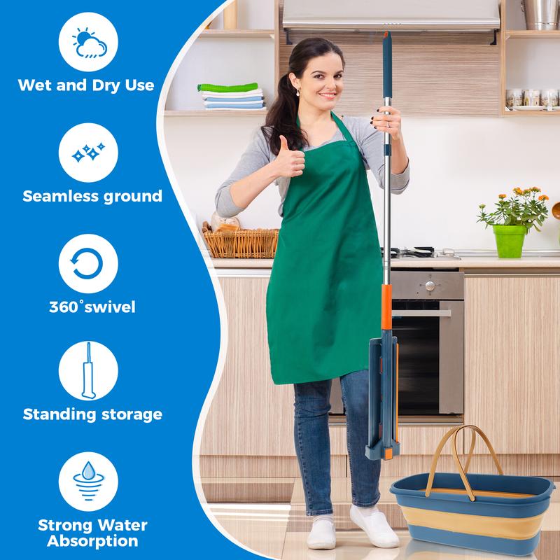 Mop and Foldable Bucket Set 360° Rotating Microfiber Mop Hands-Free Flat Floor Mop with Dewatering Scraper and 7 Mop Pads Dry and Wet Dust Mop Collapsible Bucket and Cleaning Mop Kit