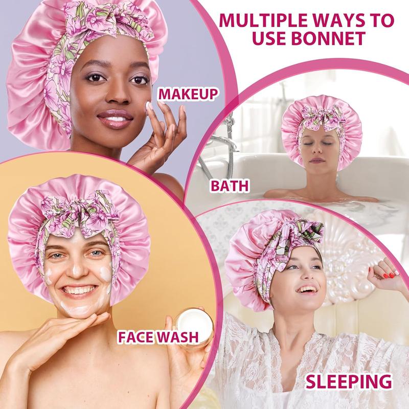 Satin Bonnet for Sleeping, Large Silk Sleep Cap Satin Hair Bonnets with Printed Tie Band and Scrunchies, Shower Caps for Women Curly Hair(Pink)