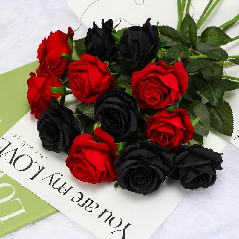 12 Pcs Artificial Flowers Fake Silk Black Roses Bulk, Faux Real Touch Roses Bouquet with Long Stem for Wedding Party Home Decor