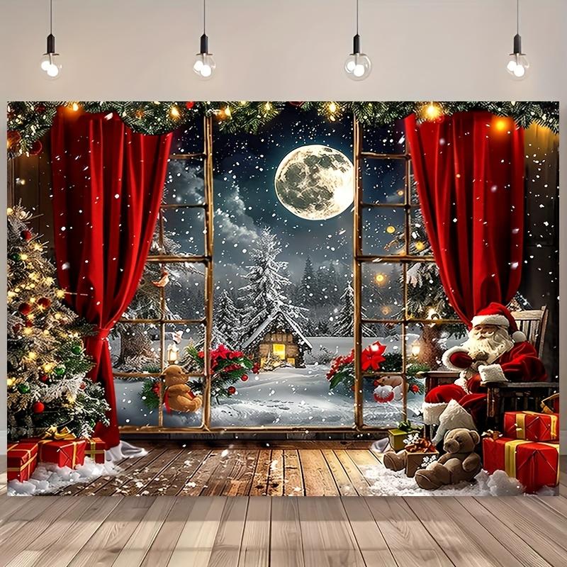 Merry Christmas Pink Magic Wonderland Background - Vintage wooden house and snow tree design, peach velvet tapestry, suitable for living rooms, outdoor decoration, live streaming and photo booths