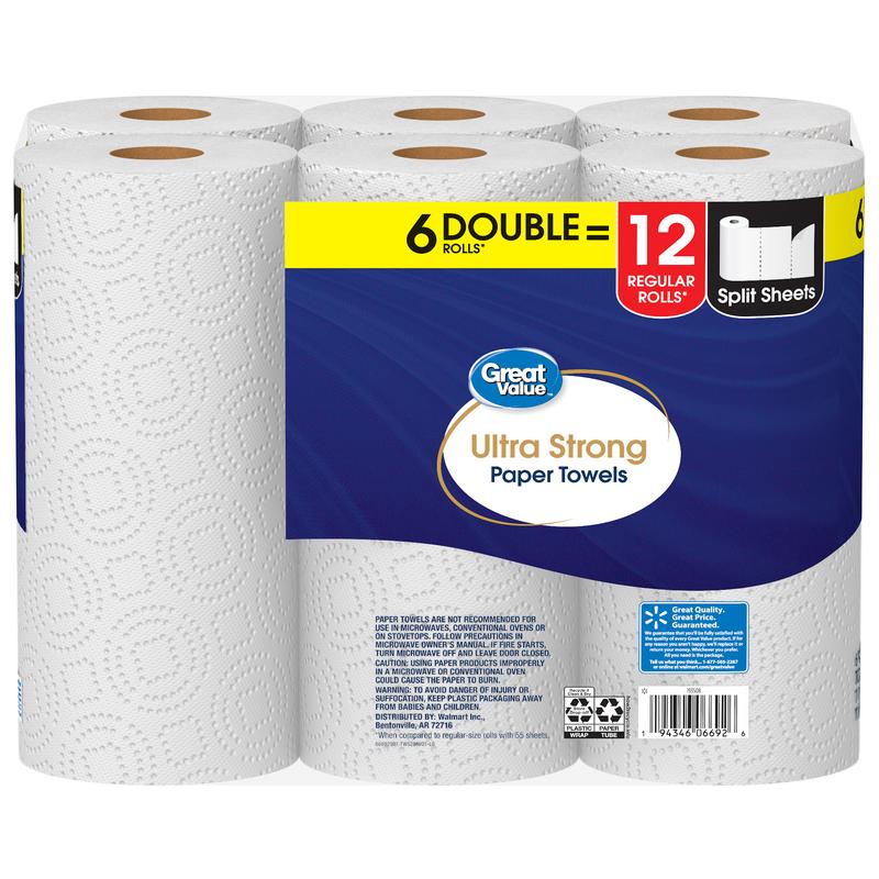 Great Value Ultra Strong Paper Towels - 6 Double Rolls for Toilet Wipes