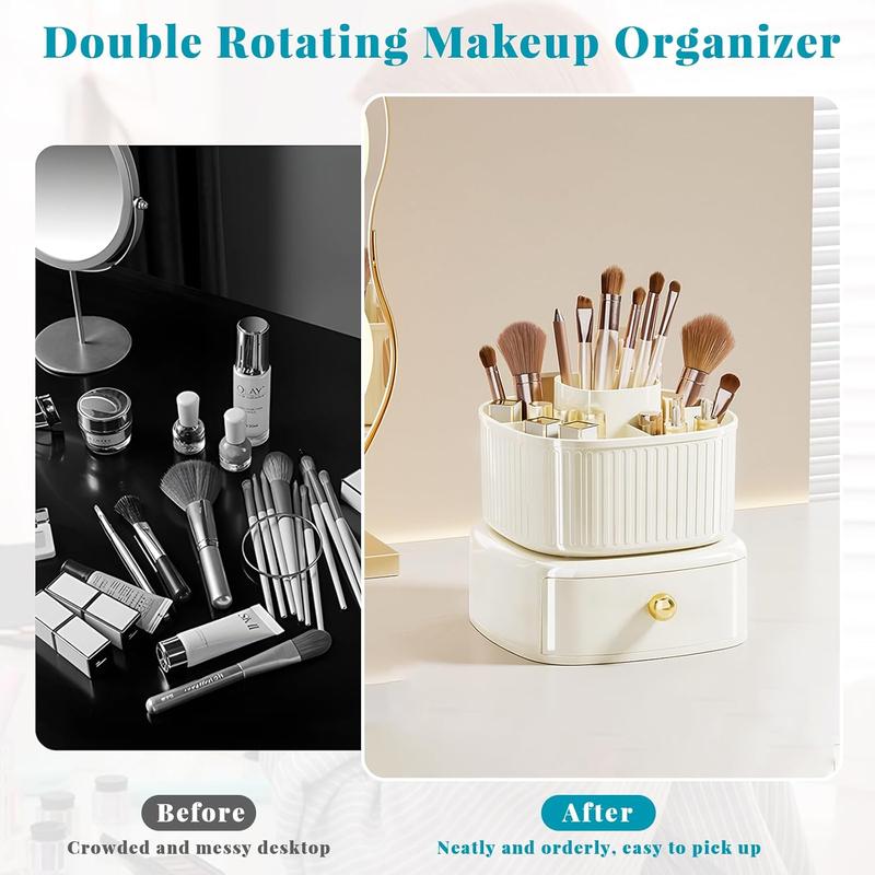 Makeup Brush Holder Organizer,360 Rotating Makeup Organizer with Drawer,5 Slot Make up Brushes Cup Organizers, For Brush, cosmetic, for Vanity, Desktop, Office - Cream