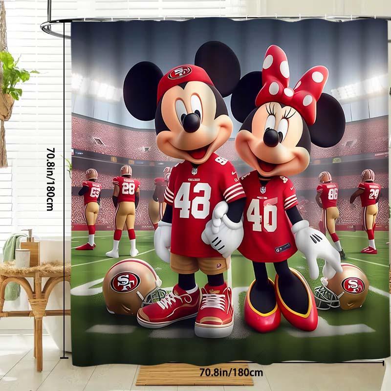 Cartoon Minnie & Mickey & Sports Pattern Shower Curtain, 1 Count Waterproof Bathroom Curtain with Hooks, Bathroom Decor Supplies for Home Hotel Salon Dormitory