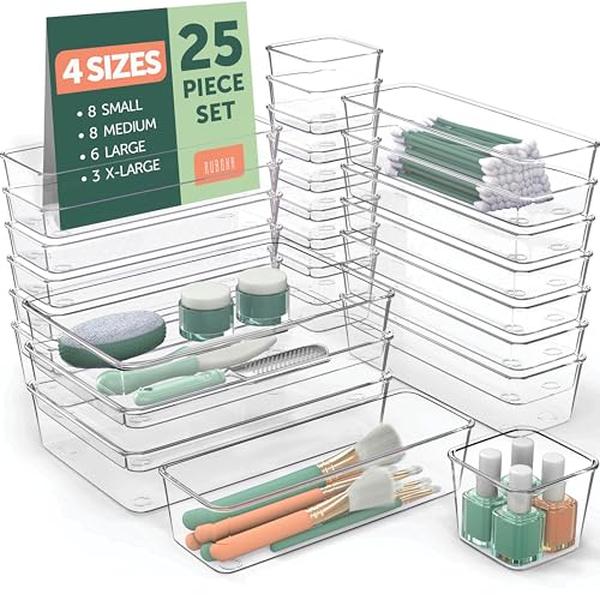 25 PCS Clear Plastic Drawer Organizers Set, 4 Sizes Clear Drawer Organizers & storage Bins for Makeup Jewelry Vanity, Kitchen Gadgets Or Office Desk. Bathroom Drawer Organizer Trays With Non-Slip Pads Boxes Containers