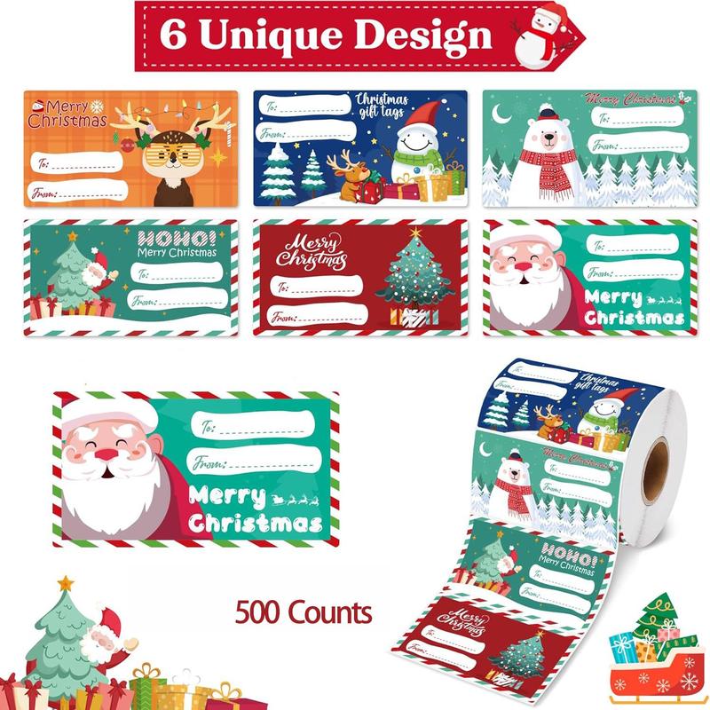 Christmas Gift Label, 500pcs roll Self-adhesive Gift Sticker, Holiday Decoration, Gift Wrapping Supplies for Home Party