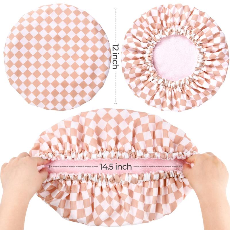 Shower Cap for Women Terry Lined Bath Cap Large Reusable Waterproof Elastic Pink Checkered Band Shower Caps for Long Thick Hair Soft Bath Shower Hair Caps