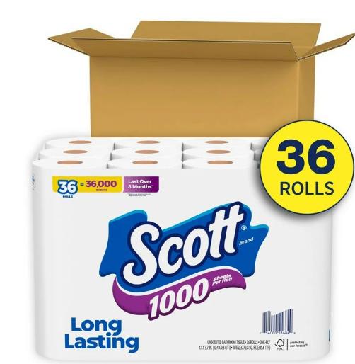 Scott 1000 Toilet Paper, 36 Rolls, 1,000 Sheets per Roll