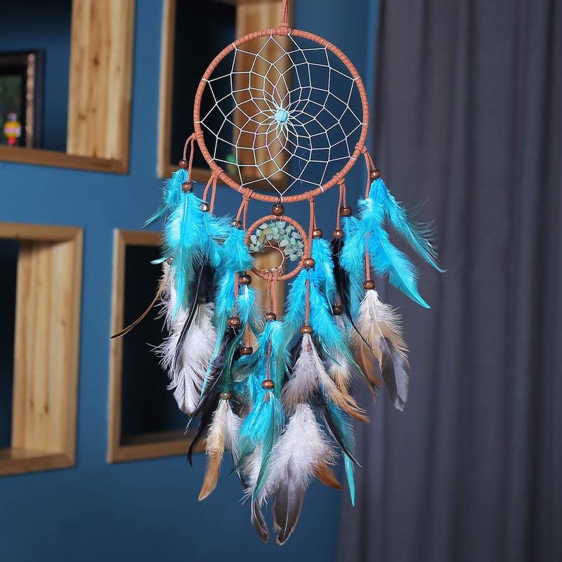 Dream Catchers with Tree of Life and Teal Feather Indian Handmade Dreamcatchers for Boho Wall Hanging Decoration, Ornament Festival Gift (Green Tree of Life)