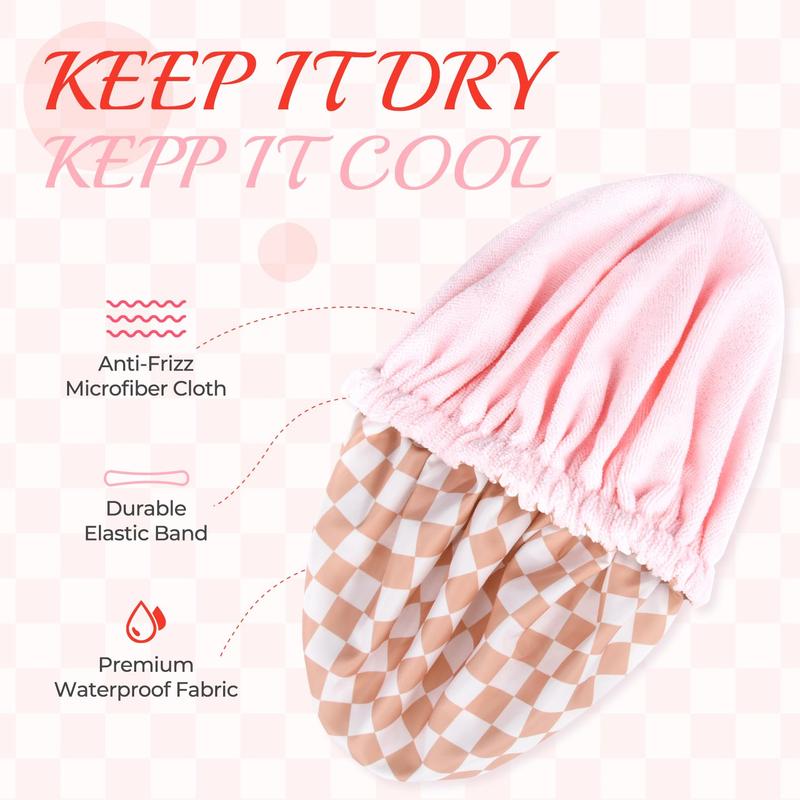 Shower Cap for Women Terry Lined Bath Cap Large Reusable Waterproof Elastic Pink Checkered Band Shower Caps for Long Thick Hair Soft Bath Shower Hair Caps