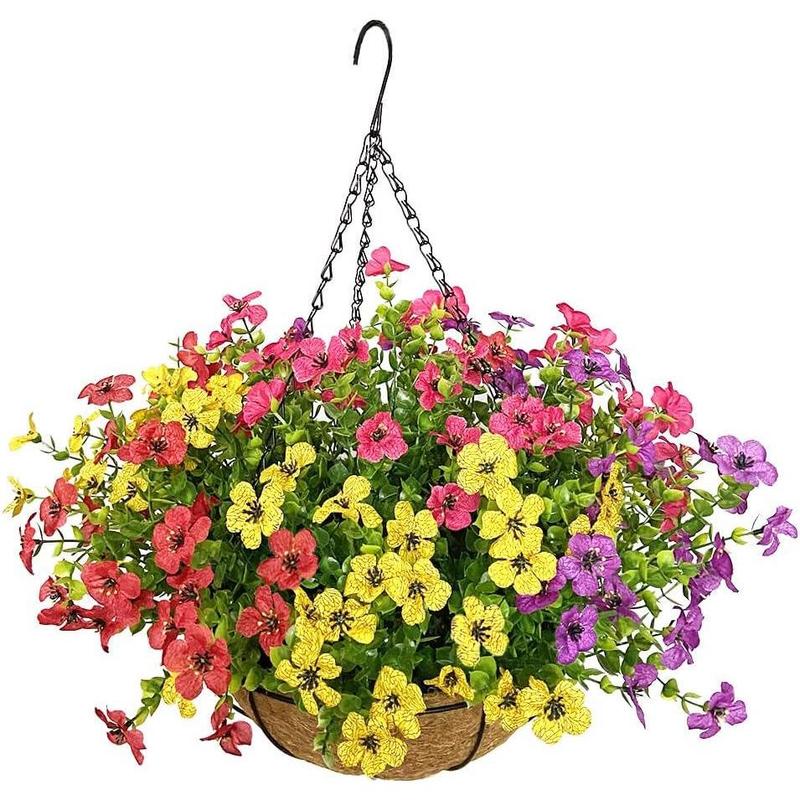 Artificial Flowers in Basket,Artificial Hanging Baskets with Flowers for Outdoor Indoor Courtyard Decor,12 inch Coconut Liner Basket for Patio Garden Porch Deck Decoration