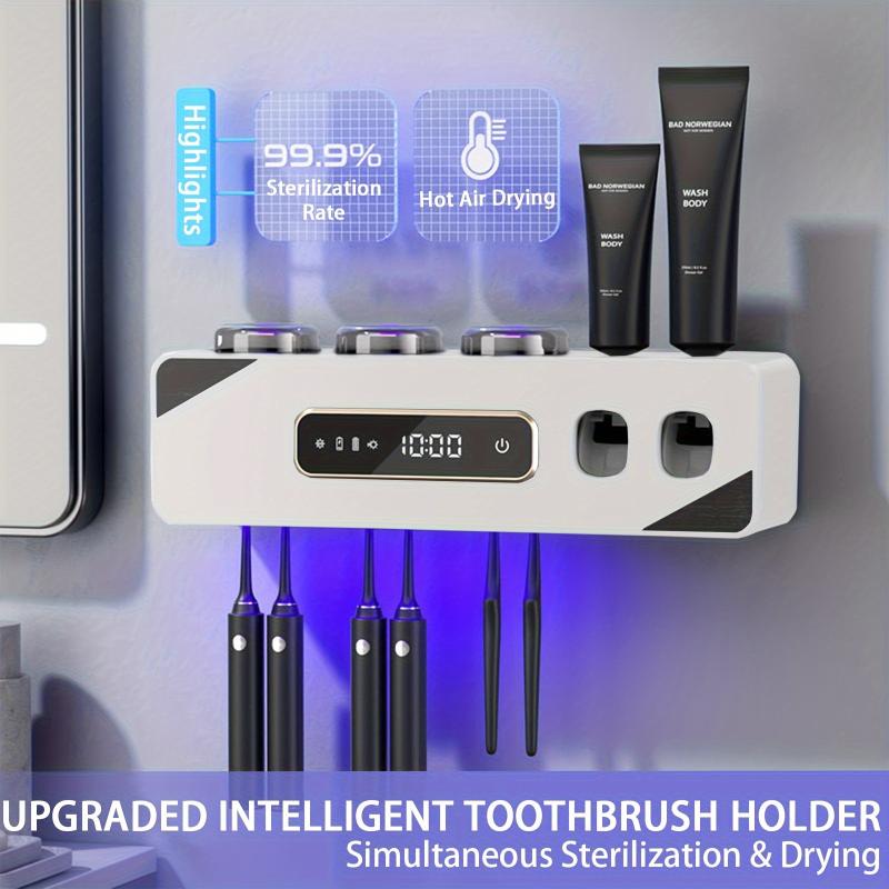 Smart Toothbrush Holder with 3 Cups, Wall-Mounted, 6 Slots, Toothpaste Dispenser, Automatic Drying and Cleaning