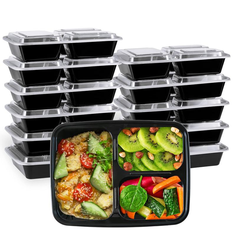 33oz Food Prep Containers [Set of 8] 3 Compartments with Lids, Food Storage Containers, Bento Boxes Lightweight, Durable, Reusable BPA Free 3 Grid Container Disposable Lunch Box - Microwave, Freezer, Dishwasher Safe - Black