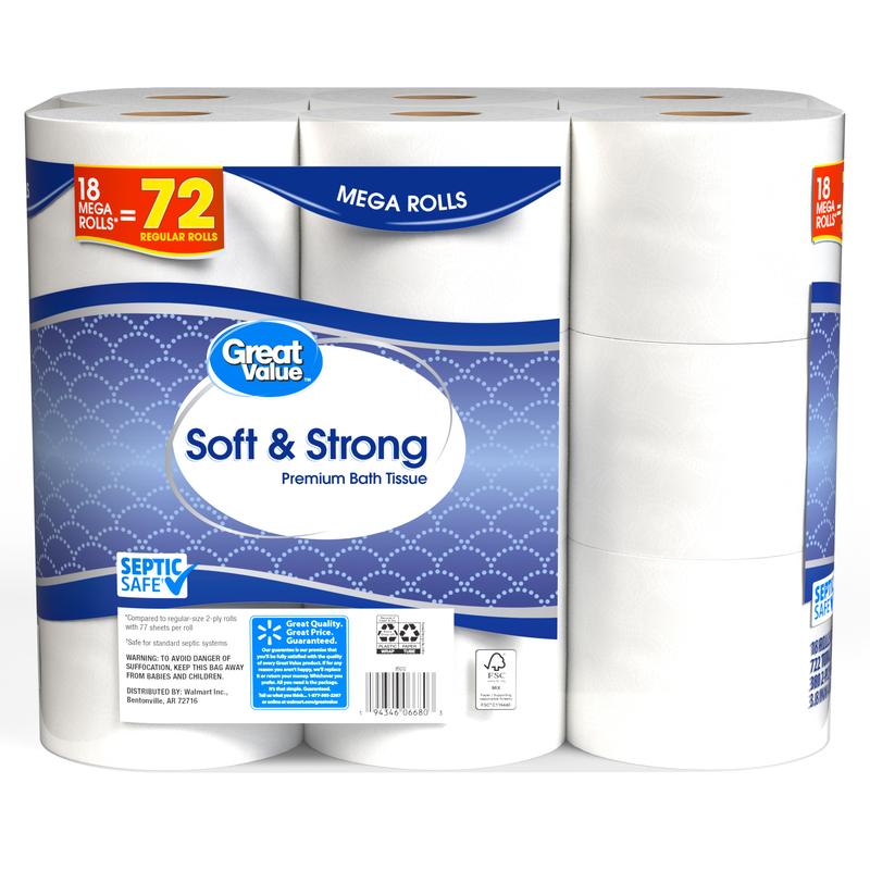 Great Value Soft & Strong Premium Toilet Paper, 18 Mega Rolls