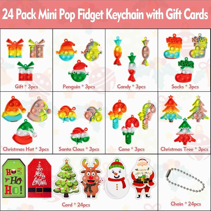 Christmas Party Favors for Kids - 24 Pack Mini Pop Fidget Keychain with Gift Cards for Toddler Kids Classroom Gifts Christmas Stocking Stuffers Gifts, Christmas Treats Goodies