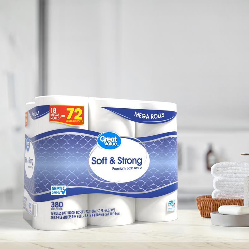 Great Value Soft & Strong Premium Toilet Paper, 18 Mega Rolls