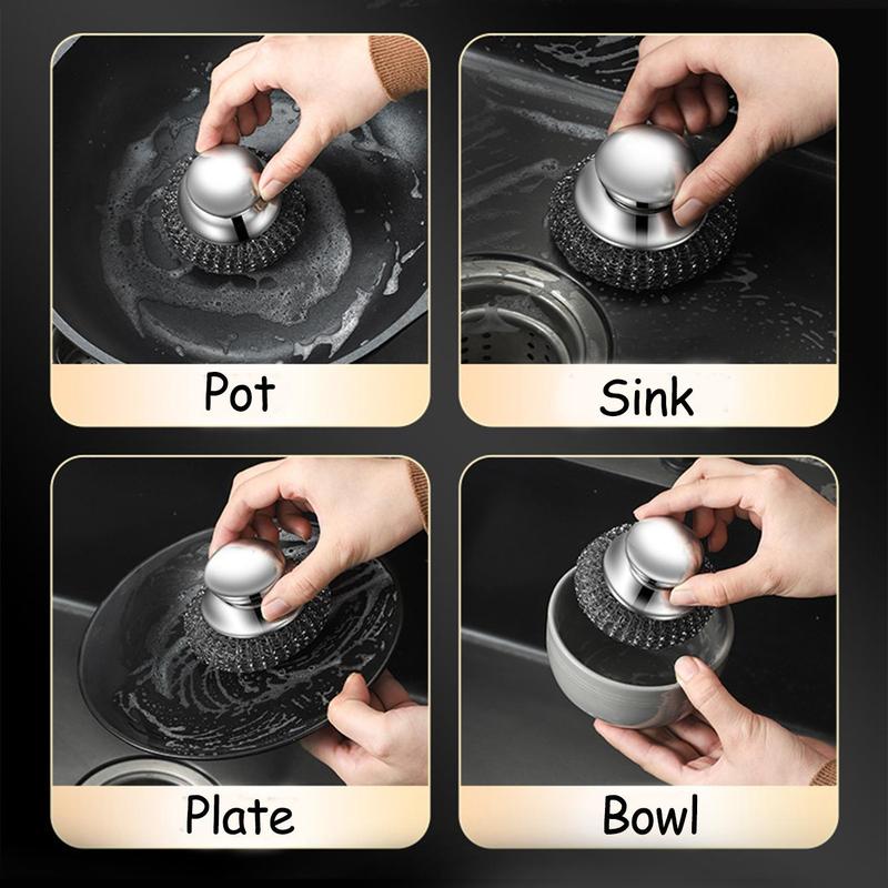 Stainless Steel Dish Scrubber, 1 Count Household Plates Pots Pans Cleaning Products, Comfortable Round Dishwashing Sponge, Kitchen Tools