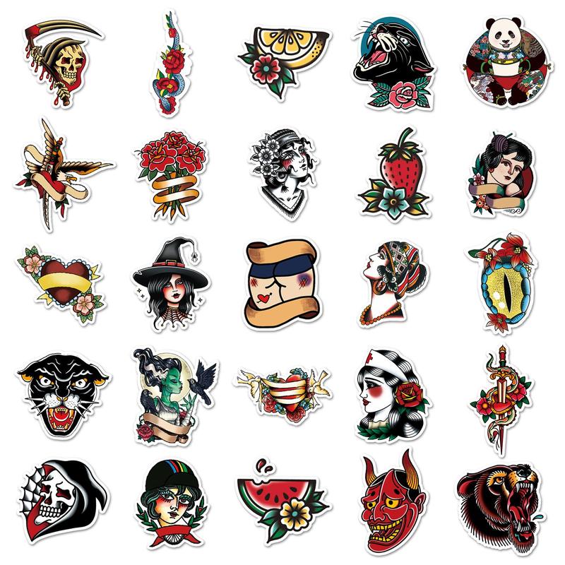 Random Color Decor Sticker, 50pcs Set Cartoon Tattoo Series Pattern Self Adhesive Decor Paper, Decor Naughty Stickers for Water Bottle Laptop Phone Decor, Scrapbook Decorative Materials