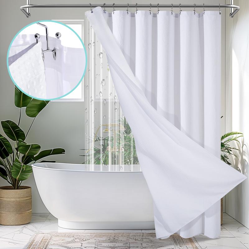 VIPfree Luxury 3 in 1 Waffle Shower Curtain and Liner Set with Double Sided Hooks - 258GSM Weighted Shower Cloth Set for Bathroom 72x72 White