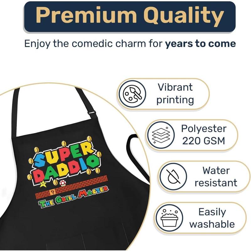 Funny Super Daddio Grilling Apron, Christmas Kitchen Gifts From Daughter Son Wife, Black Apron With Pockets For Grilling Kitchen BBQ, Christmas Cooking Gifts For Dad, Grilling Dad Gift