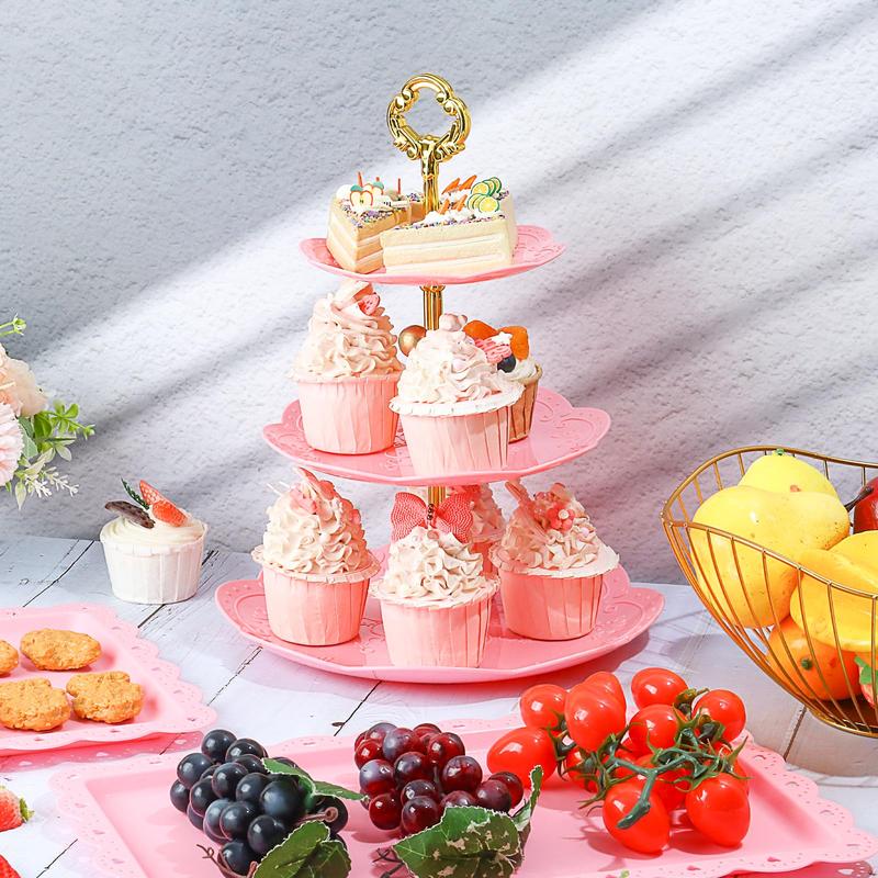 10 Pcs Dessert Table Display Set Cupcake Stand Pink Plastic Dessert Table Set 4 3 Tire Cake Display Stands with Gold Rod Cookie Tray Rack Serving Tower and 6 Trays for Wedding Baby Shower Tea Party Fruit