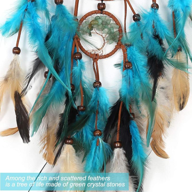 Dream Catchers with Tree of Life and Teal Feather Indian Handmade Dreamcatchers for Boho Wall Hanging Decoration, Ornament Festival Gift (Green Tree of Life)