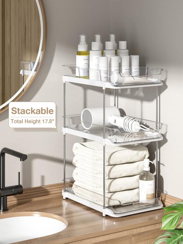 Delamu 2-Tier Multi-Purpose Bathroom Cabinet Organizer, Pull Out Under Sink Organizers and Storage, Stackable Pantry Organization and Storage, Clear Under Cabinet Storage with Movable Dividers