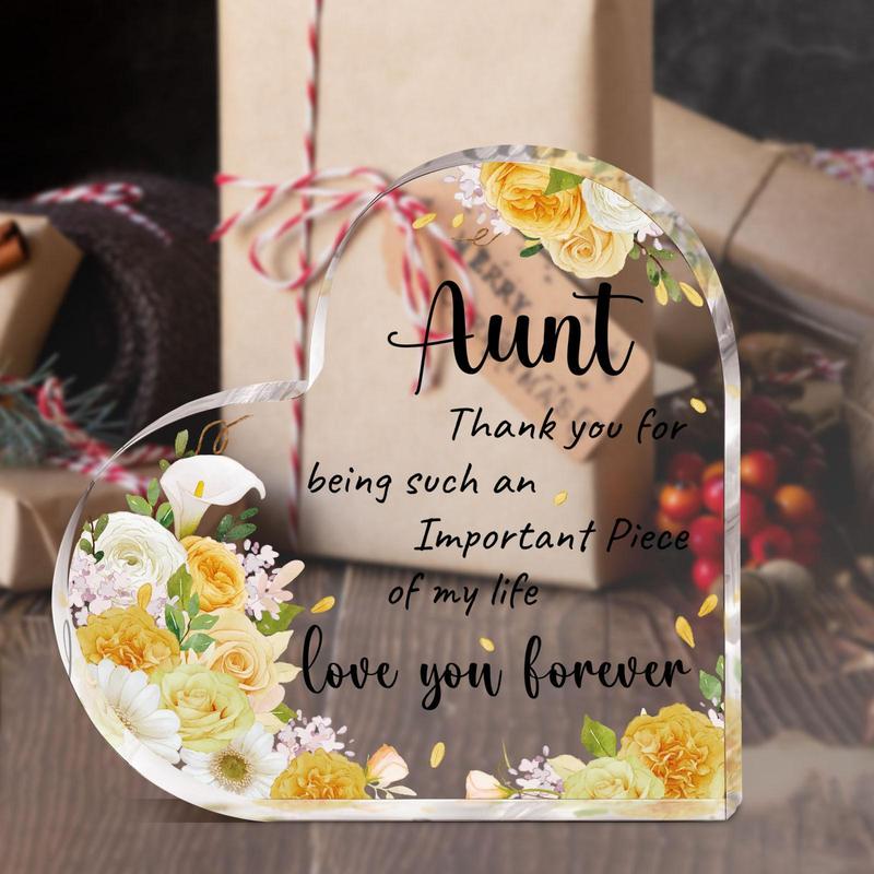 Thank for Aunt Acrylic Heart Shaped Ornament, 1 Count Flower Pattern & Letters Pattern Sign, Desktop Decoration for Home Office