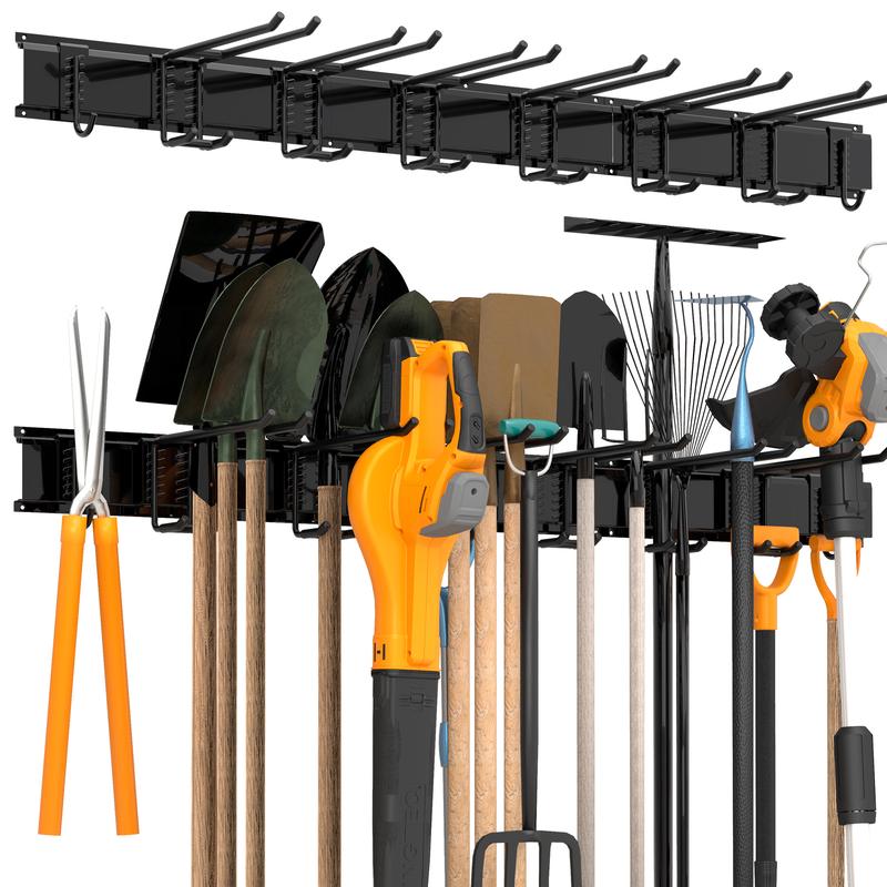 Sttoraboks Heavy Duty Garage Storage Organizer Rack System, Wall Mounted Tool Rack with 12 Double Hooks, 4 Rails, and Hangable Steel Garden Tool Rack