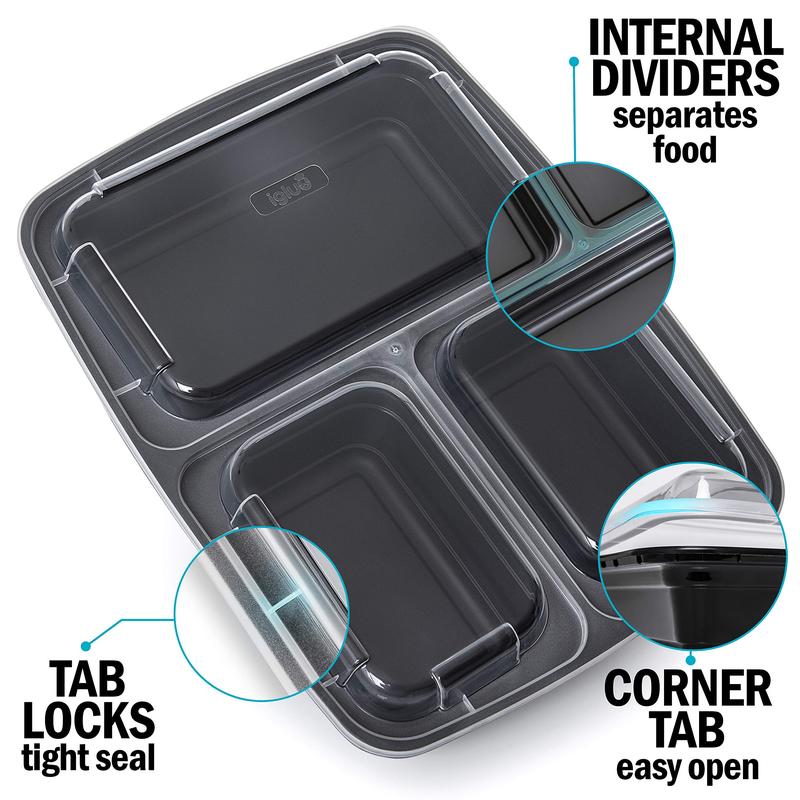 33oz Food Prep Containers [Set of 8] 3 Compartments with Lids, Food Storage Containers, Bento Boxes Lightweight, Durable, Reusable BPA Free 3 Grid Container Disposable Lunch Box - Microwave, Freezer, Dishwasher Safe - Black