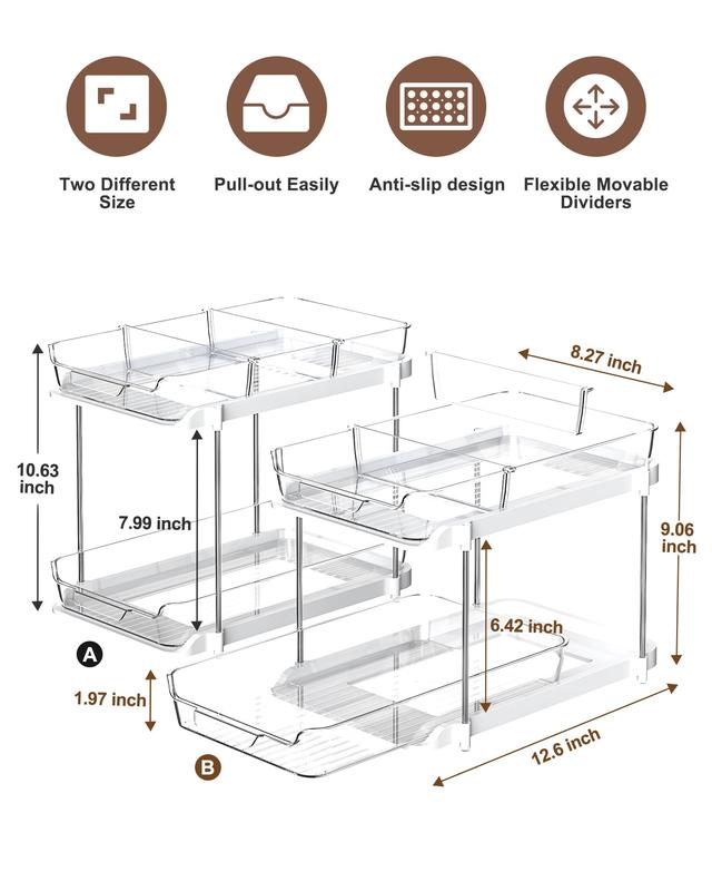 Delamu 2-Tier Multi-Purpose Bathroom Cabinet Organizer, Pull Out Under Sink Organizers and Storage, Stackable Pantry Organization and Storage, Clear Under Cabinet Storage with Movable Dividers