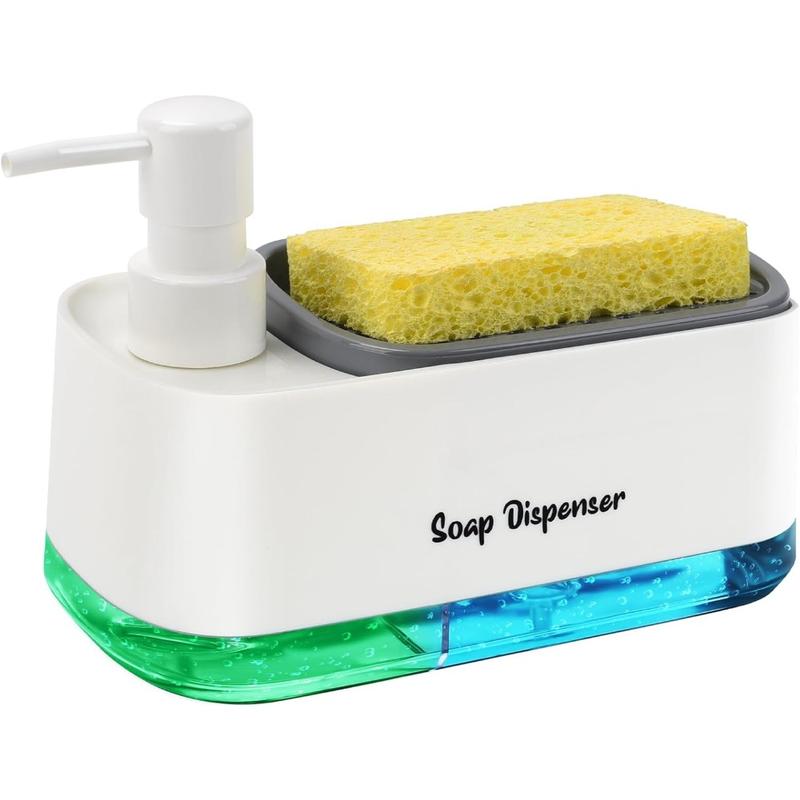 Kitchen Dish Soap Dispenser Set, Dish and Hand Soap Dispenser with Sponge Holder, 3-in-1 Countertop Sponge Dual Soap Pump Dispenser for Kitchen Sink