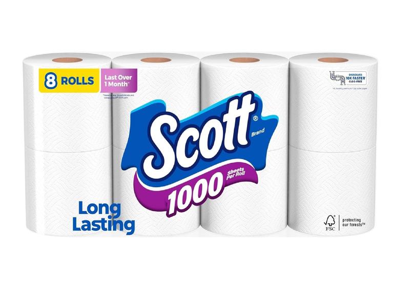 Scott 1000 Toilet Paper, 8 Rolls, Septic-Safe