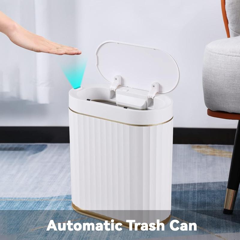 Automatic Motion Sensor Trash Can - 2 Gallon Slimline for Bathroom, Bedroom, Kitchen, Office - White with Gold Trim