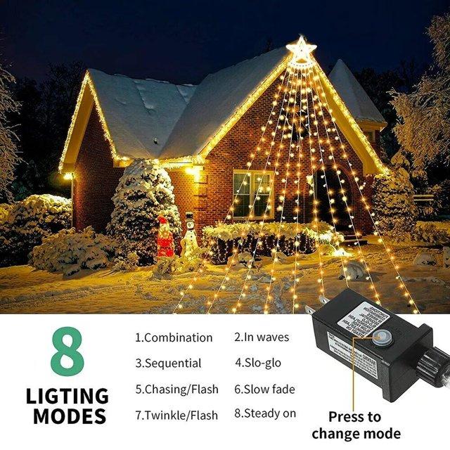 Outdoor Christmas Decoration Lights, 8 Modes & 350 LED Christmas String Lights Waterfall Fairy Tree Lights Christmas Indoor Outdoor Holiday Lighting Decorations, Warm White Ornaments