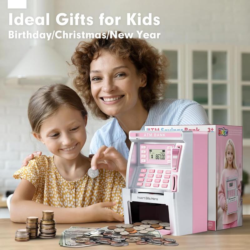 Pink Piggy Bank for Kids, ATM Machine Bank for Real Money with Debit Card, Bill Feeder, Coin Recognition, Balance Calculator, Electronic Savings Safe Box, Cool Stuff Toys Gifts for Teen Girl