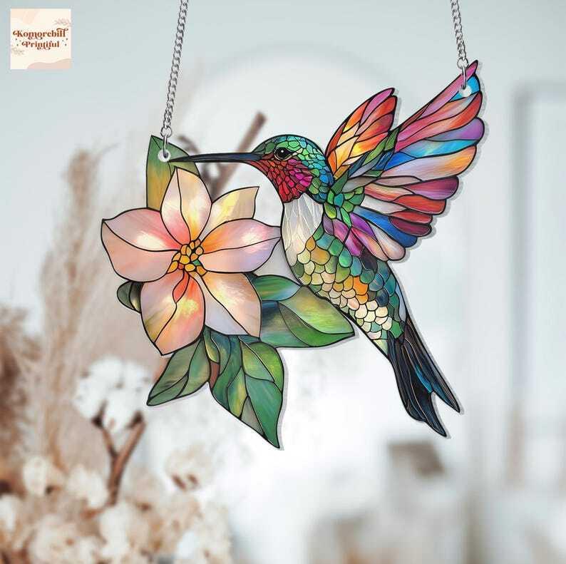 Hummingbird Window Hanging Ornament, Hummingbirds and Flowers Ornament, Home Decor Art, Wall Art, Gifts for Women